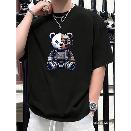 Camiseta Masculina Estampada Robô Metade Panda Camisa 100% Algodão Malha Premium