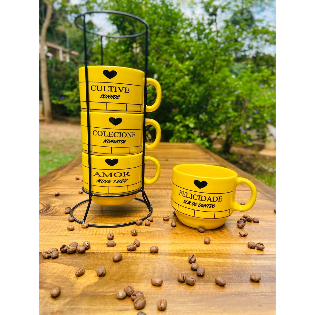 Jogo De Xícaras Café Chá Amarela Com Suporte Kit 4 Canecas