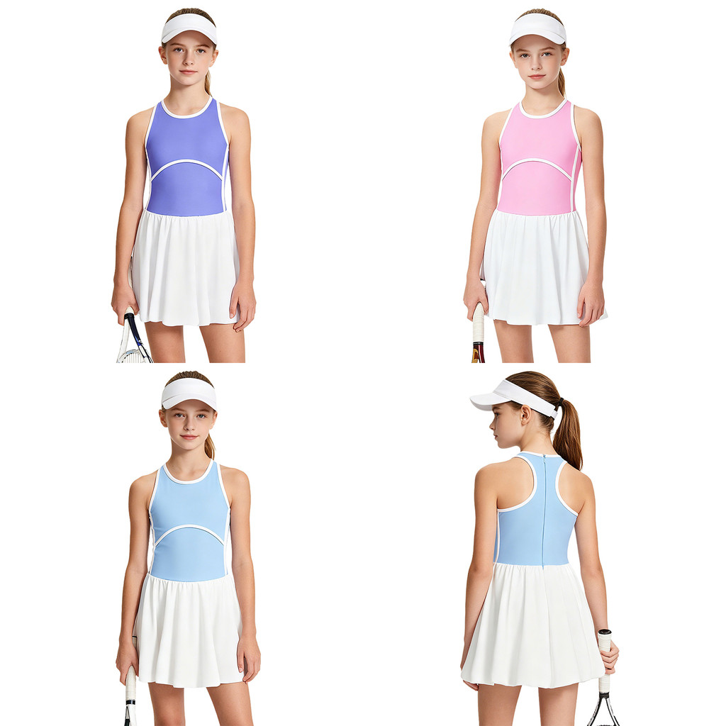 inhzoy Kids Girls Color-blocked Tennis Dress Sleeveless Bubble Dress Golf Sports Casual Sundress with Built-in Shorts