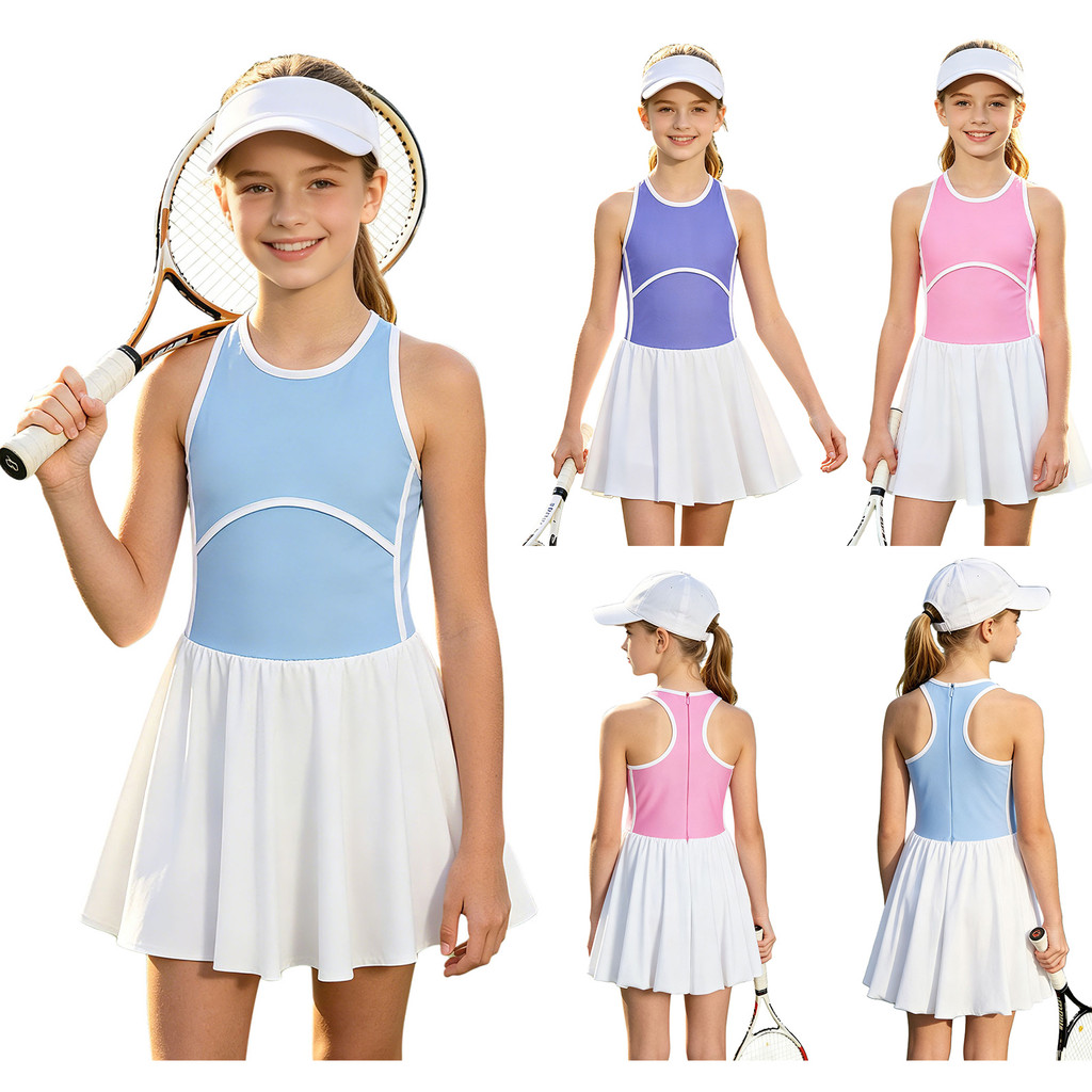inhzoy Kids Girls Color-blocked Tennis Dress Sleeveless Bubble Dress Golf Sports Casual Sundress with Built-in Shorts