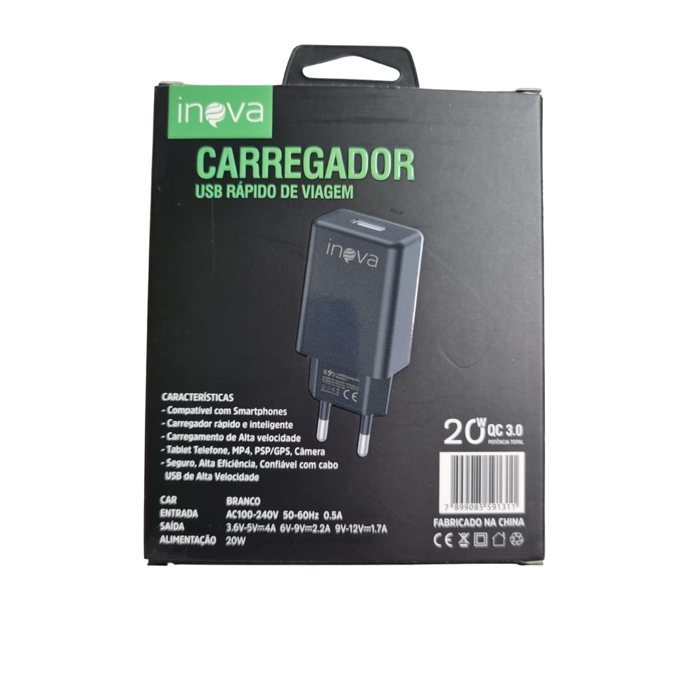 Carregador De Parede Rápido Inova Turbo 20w Quick Charge 3.0 V8 Car-2175D