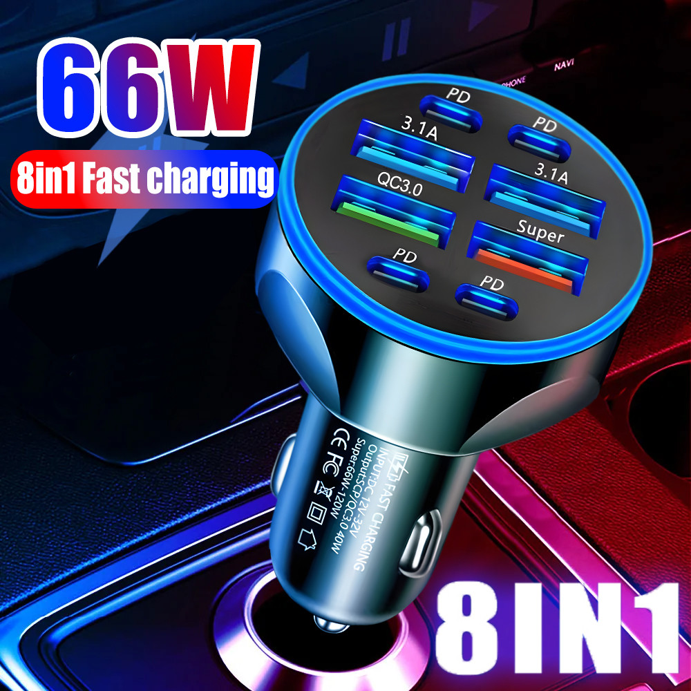 Carregador De Carro 8 Em 1-Multiporta 4USB + 4PD-Quick Charge 3.0 De 66 W-Estação De Carregamento Rápido-Mini Adaptador-
