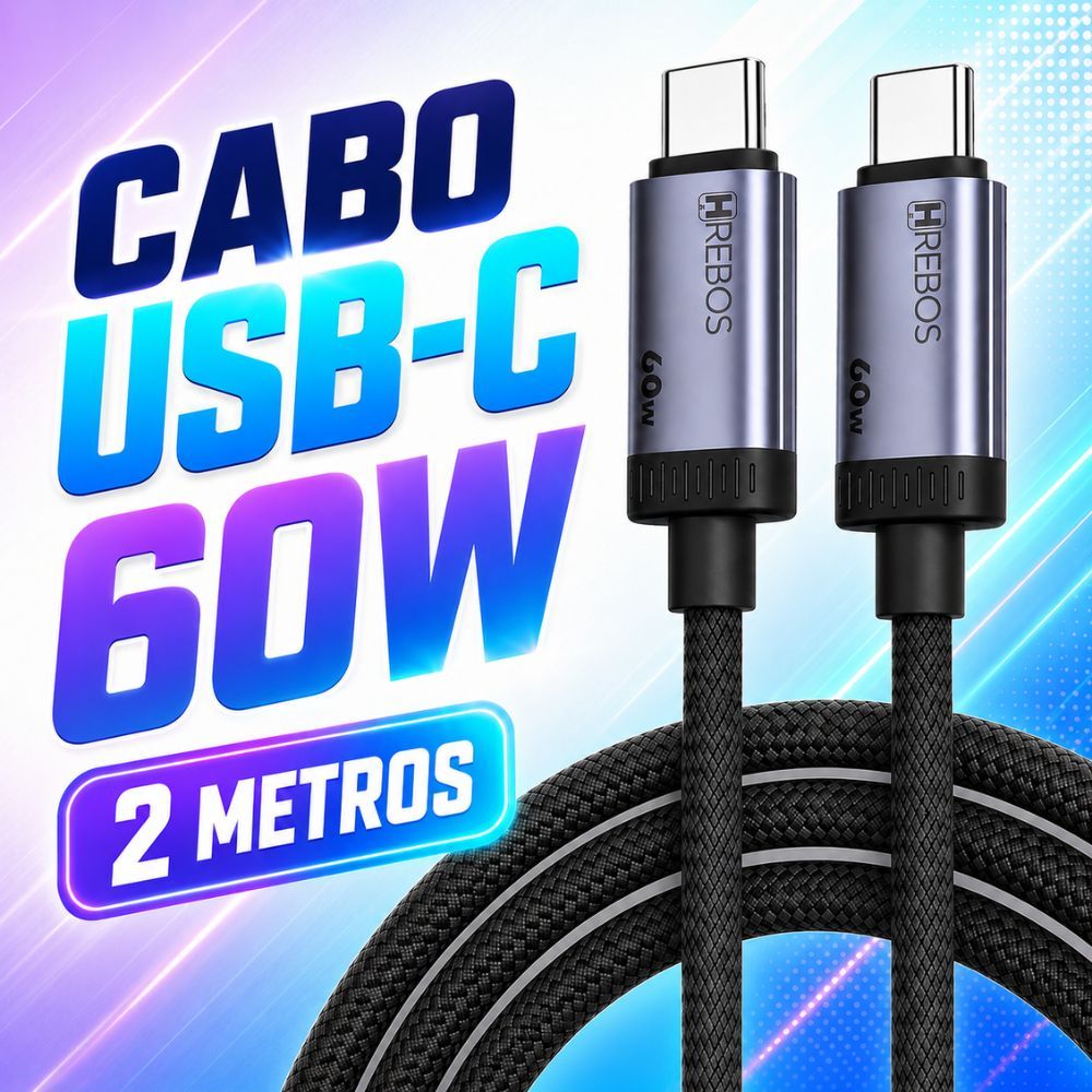Cabo Turbo USB-C Para Tipo-C 60w 2 Metros Quick Charge para Compatível iPhone 15 16 e 17 e Android