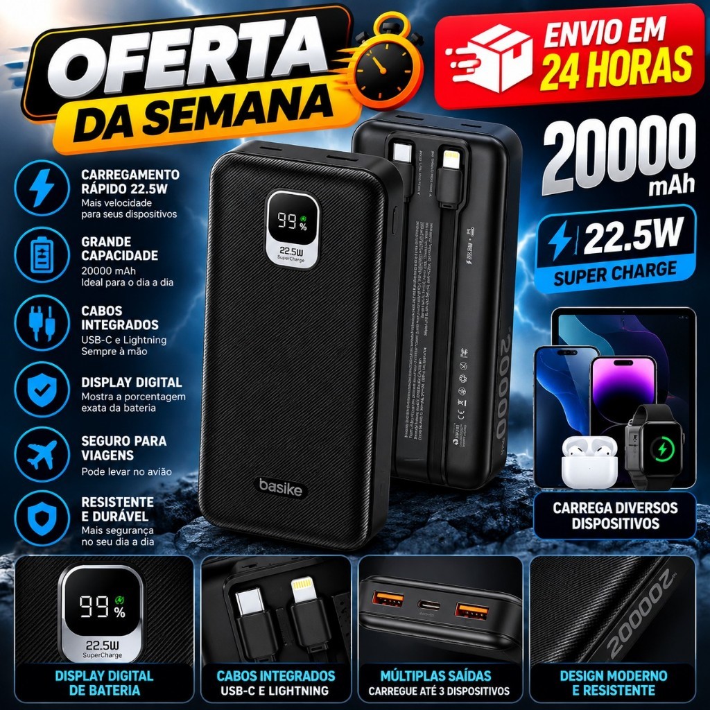 Power Bank Basike 20000mAh Com Cabos Integrados Para iPhone e Android