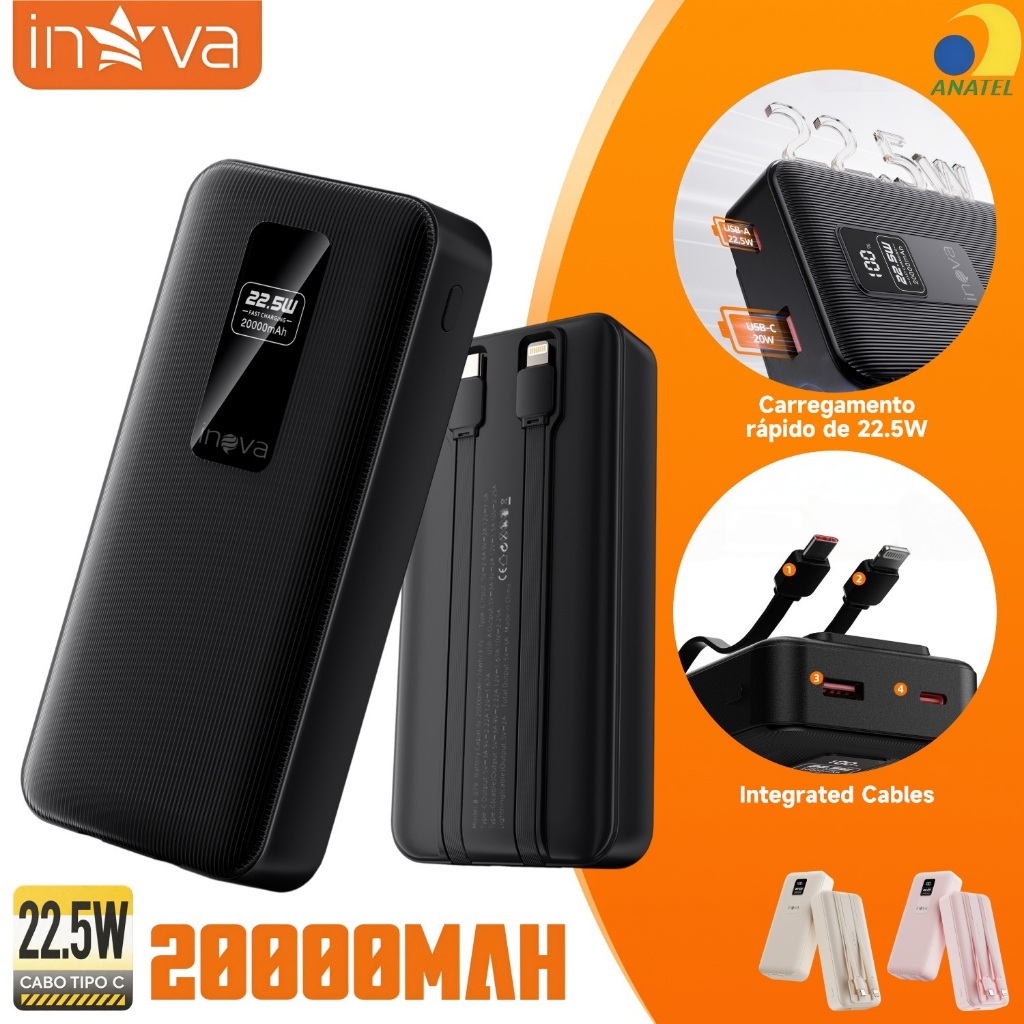 INOVA Power Bank Universal 10000/20000mAh Display LED Carga Rápida 22.5W Portátil Compatível iPhone Android