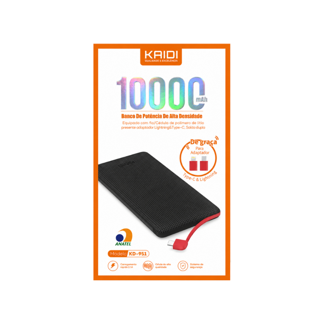 Bateria Portátil Power Bank com cabo e adaptador Tipo C e Lightning iPhone 10.000mAh KAIDI KD-951