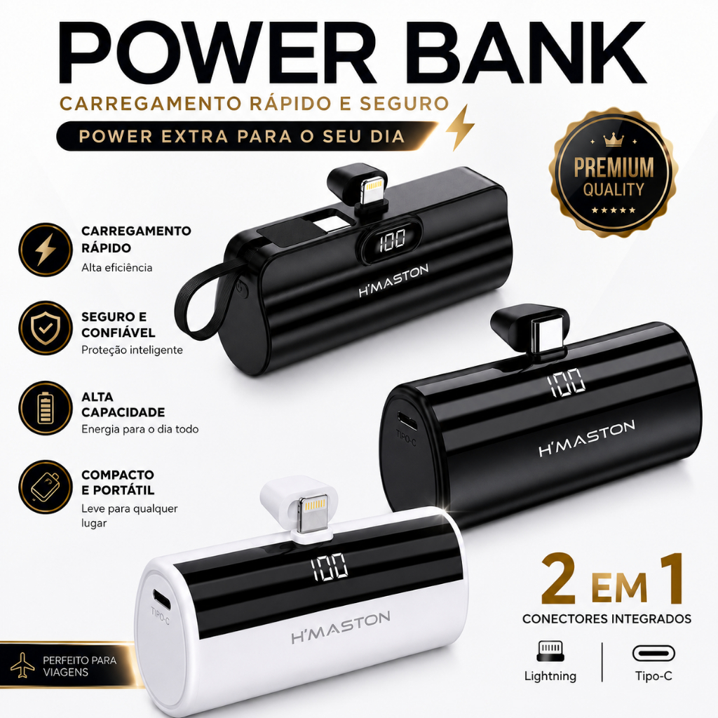 Carregador Portátil Power Bank premium para iphone e android 5000mAh Com 02 Saídas Tipo-C / Lightning com Visor LED