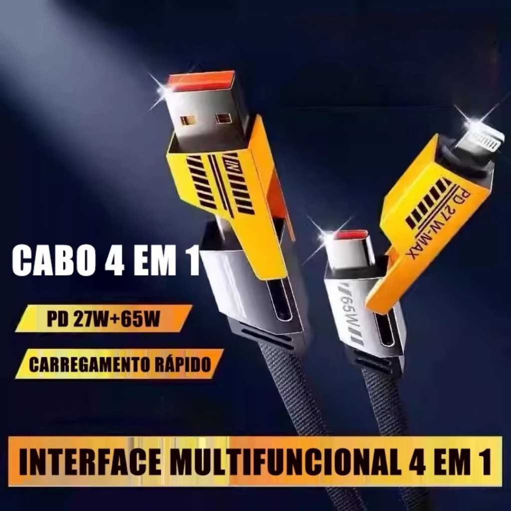 Cabo Carregador 4 Em 1 Para iP USB Tipo C Carregamento Rápido Celular Fast Charging Cable Durável