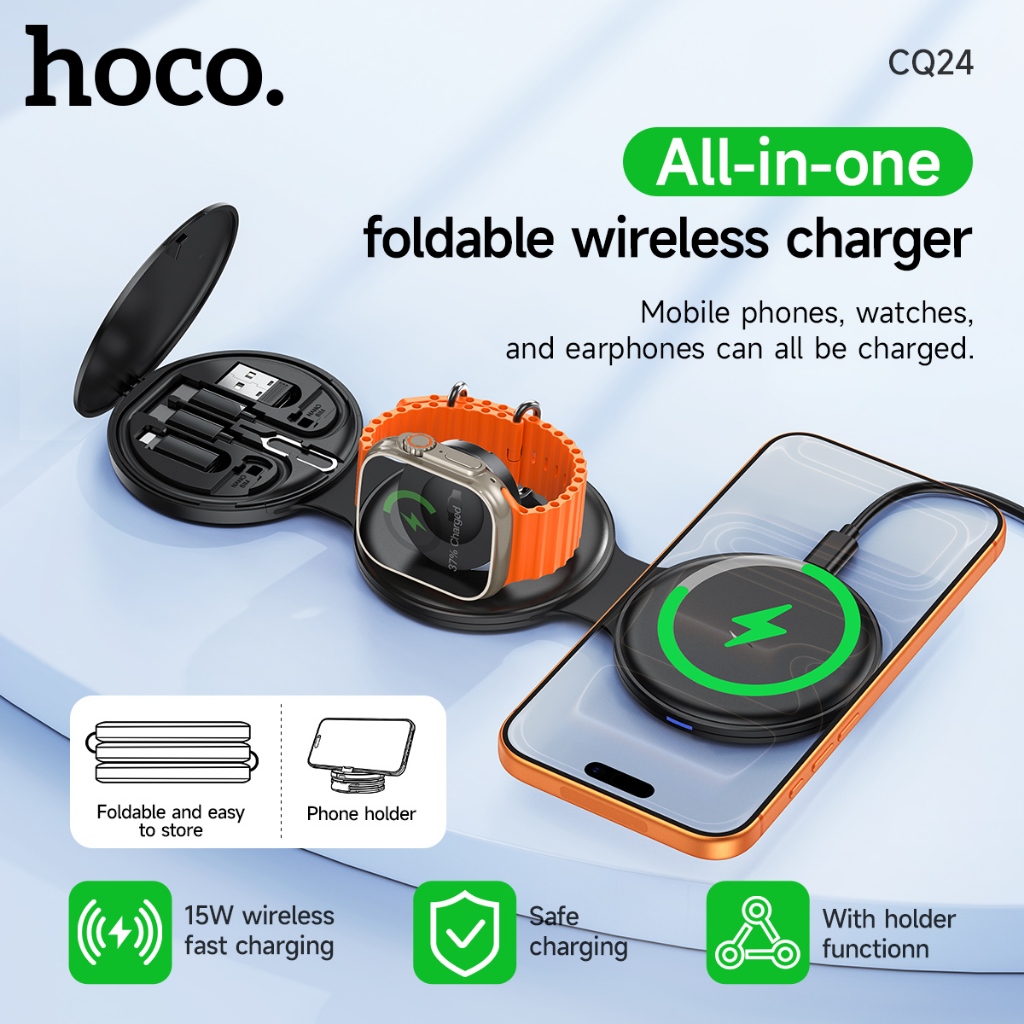 HOCO CQ24 Carregador Sem Fio 3 Em 1 Suporte Para Dobrável 15W Qi Carregamento Rápido 16 15/14/13 Celulares Fones De Ouvi