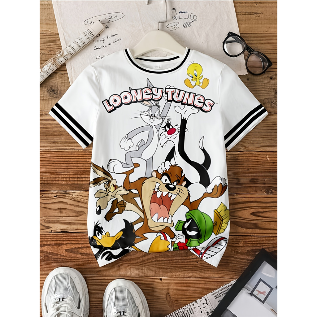 Verão novo estilo Warner Co-Branded, novidade masculina criativa roupas infantis tops, Looney Tunes Trendy Cool Printing
