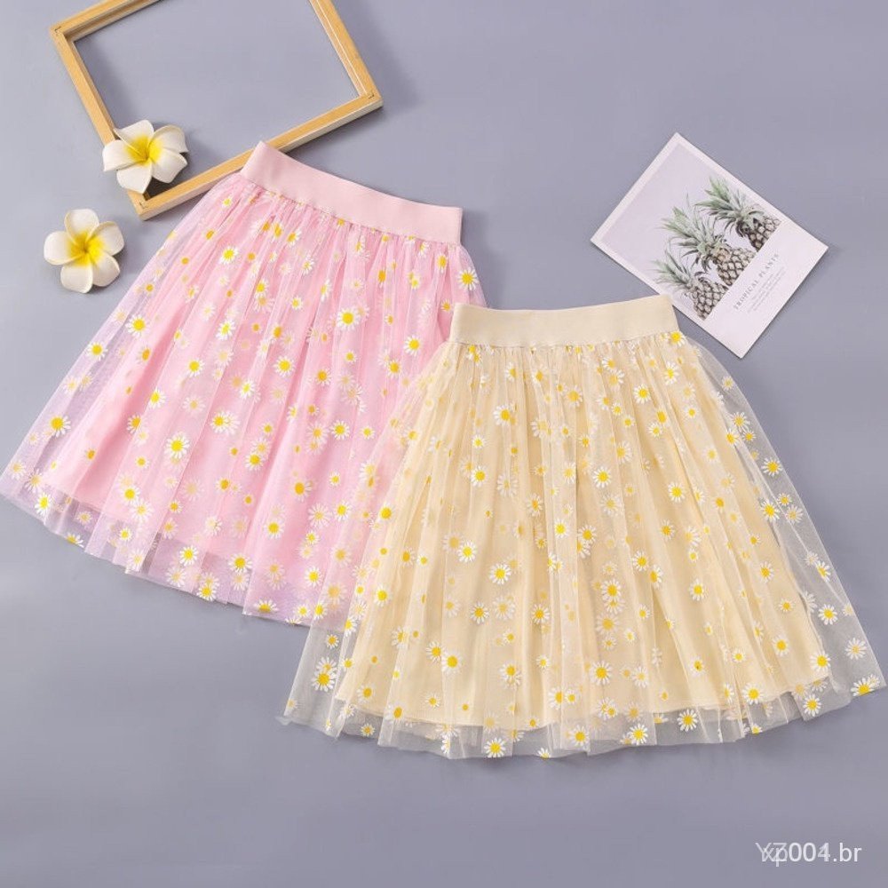 Saia Margarida Feminina Little Spring, Nova Coleção Outono-Verão, Comprimento Médio, Curta até o Joelho, Infantil, em Ga