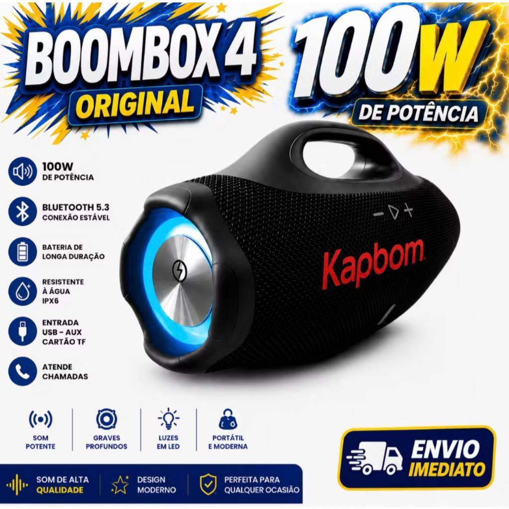 BOOMBOX 4 Caixa de Som POTENTE 100W / 50W RMS Portátil Bluetooth Rádio FM TWS AUX Prova D' Água