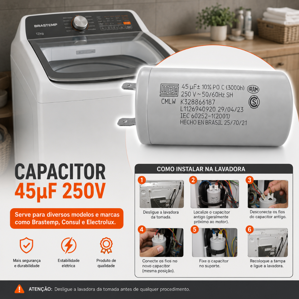 Capacitor Maquina de Lavar 45uf 127v Para Lavadora Roupas Electrolux