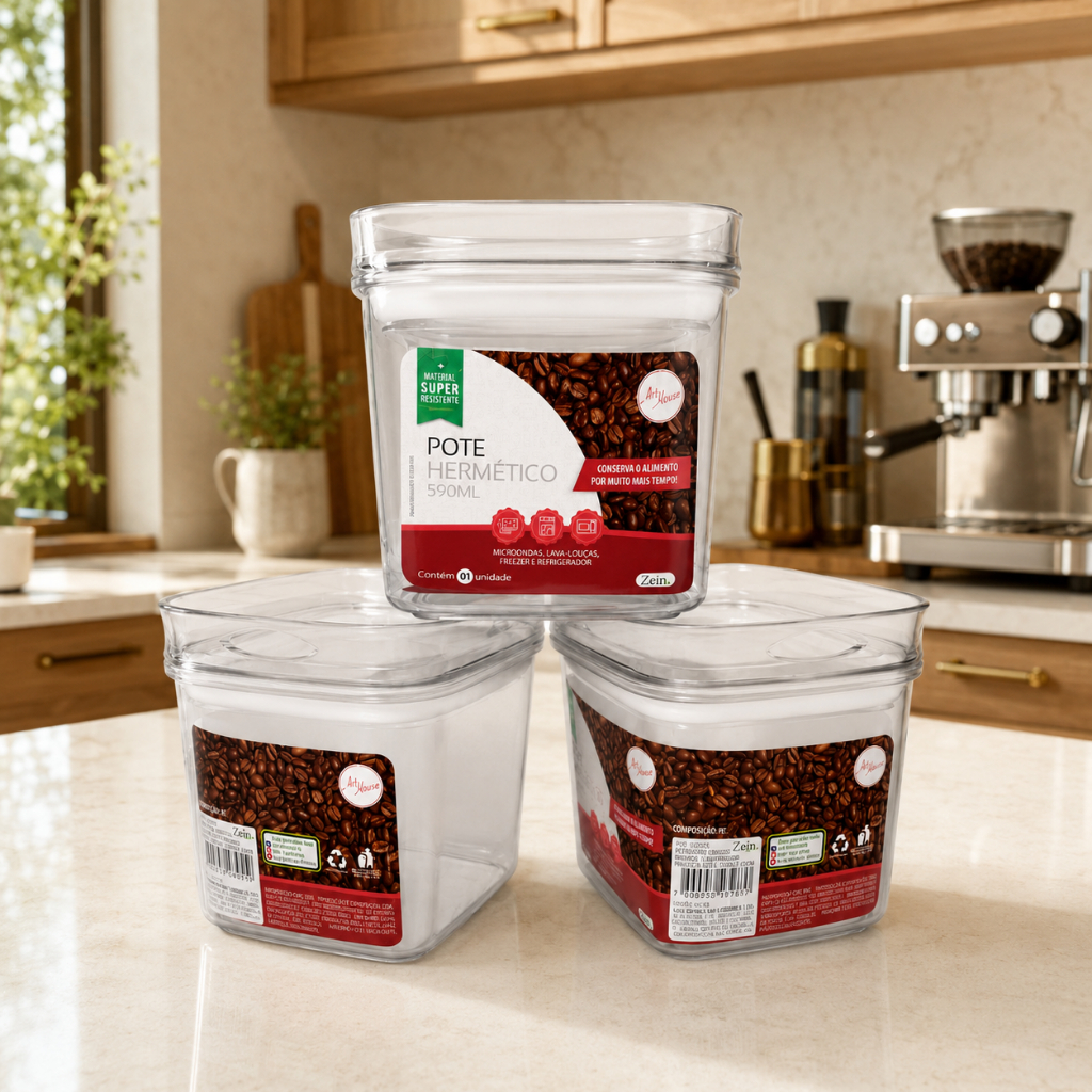 Kit 3 Potes Herméticos 590ml Transparentes Empilháveis para Mantimentos e Cozinha