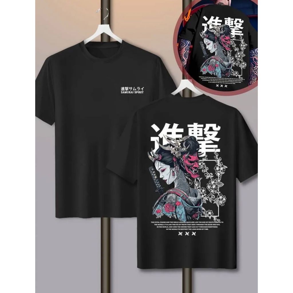 Camiseta Masculina Streetwear Geish Samurai e Oni Mask Japonesa Costas