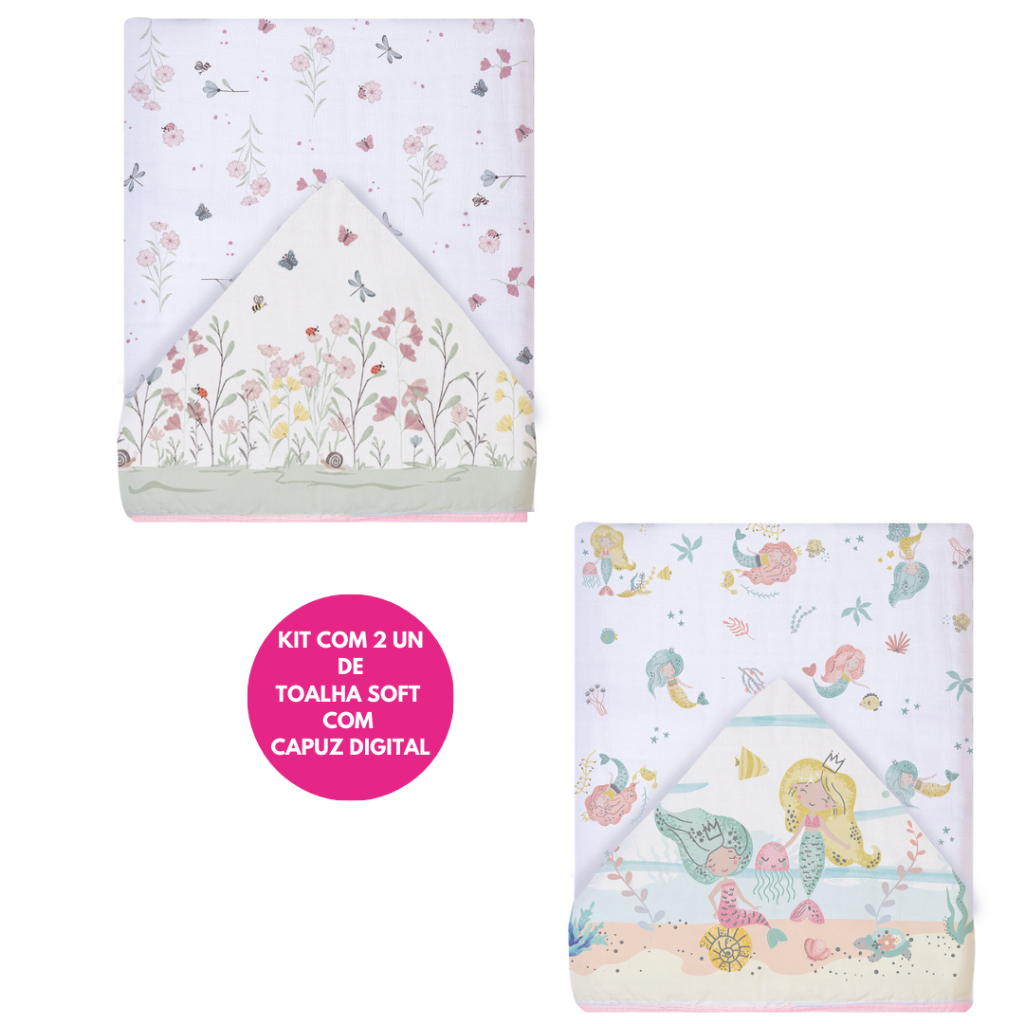 TOALHA DE BANHO PARA BEBÊ/ CRIANÇA SOFT 2 CAMADAS COM CAPUZ  DIGITAL- KIT COM 2 UN - PAPI