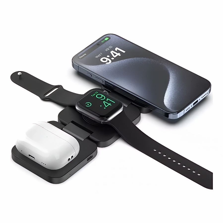Estação de Recarga 3 em 1 Sem Fio Portátil Dobrável Magnética Magsafe para Viagem Premium 15W Turbo