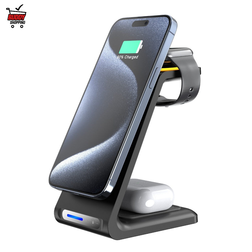 Carregador Sem Fio Magnético 3 em 1 15W Anatel Suporte Indução para Celular Smartwatch Preto