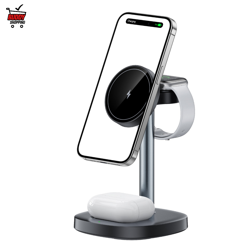 Carregador Sem Fio Magnético 3 em 1 15W Anatel para Celular Fone Smartwatch Indução