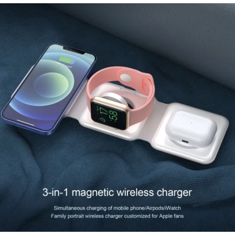 Carregador magnético sem fio 3 em 1 dobrável 15W para Celular Fone e relógio Carregamento Rápido