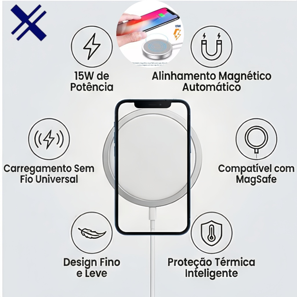 Carregador Magnético Sem Fio 15W Indução Rápido Tipo C Fixação Forte