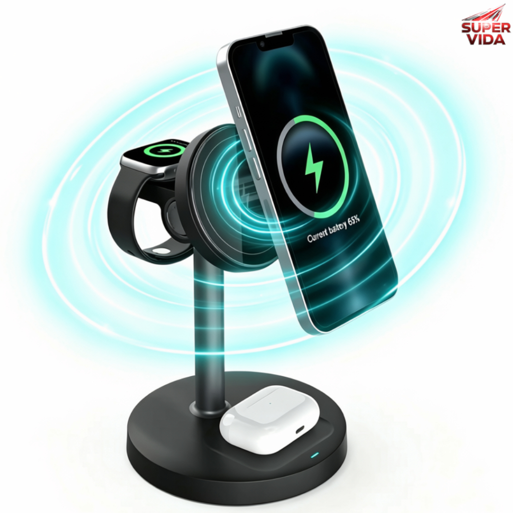 Carregador Sem Fio Magnético 3 em 1 15W Anatel para Celular Fone Smartwatch Indução