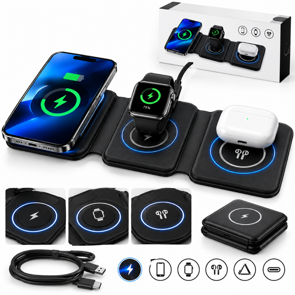Carregador fonte de indução Sem Fio 3 em 1 Dobrável 15W para iPhone Apple Watch AirPods por Indução