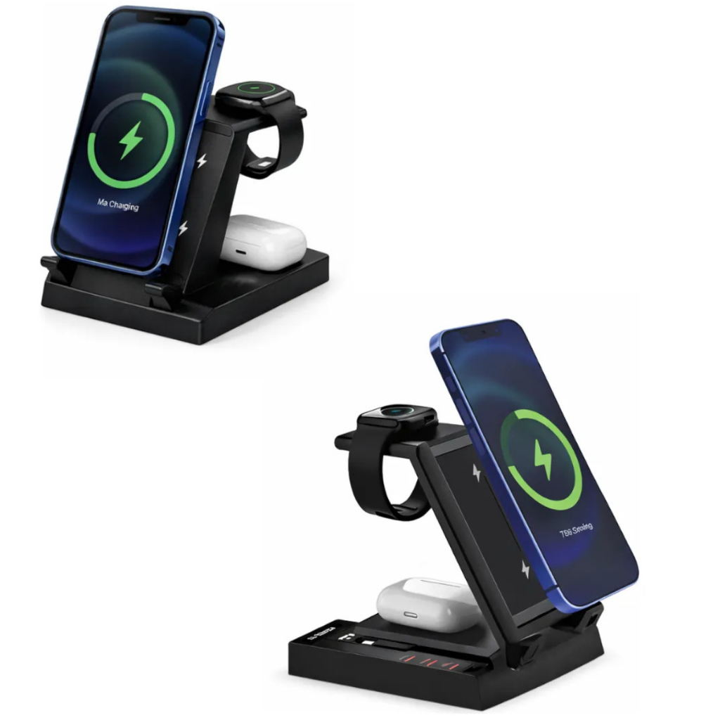 Carregador Sem Fio 6 Em 1 15W D2 Para iPhone Apple Watch AirPods Base Carregadora Rápida Dobrável USB