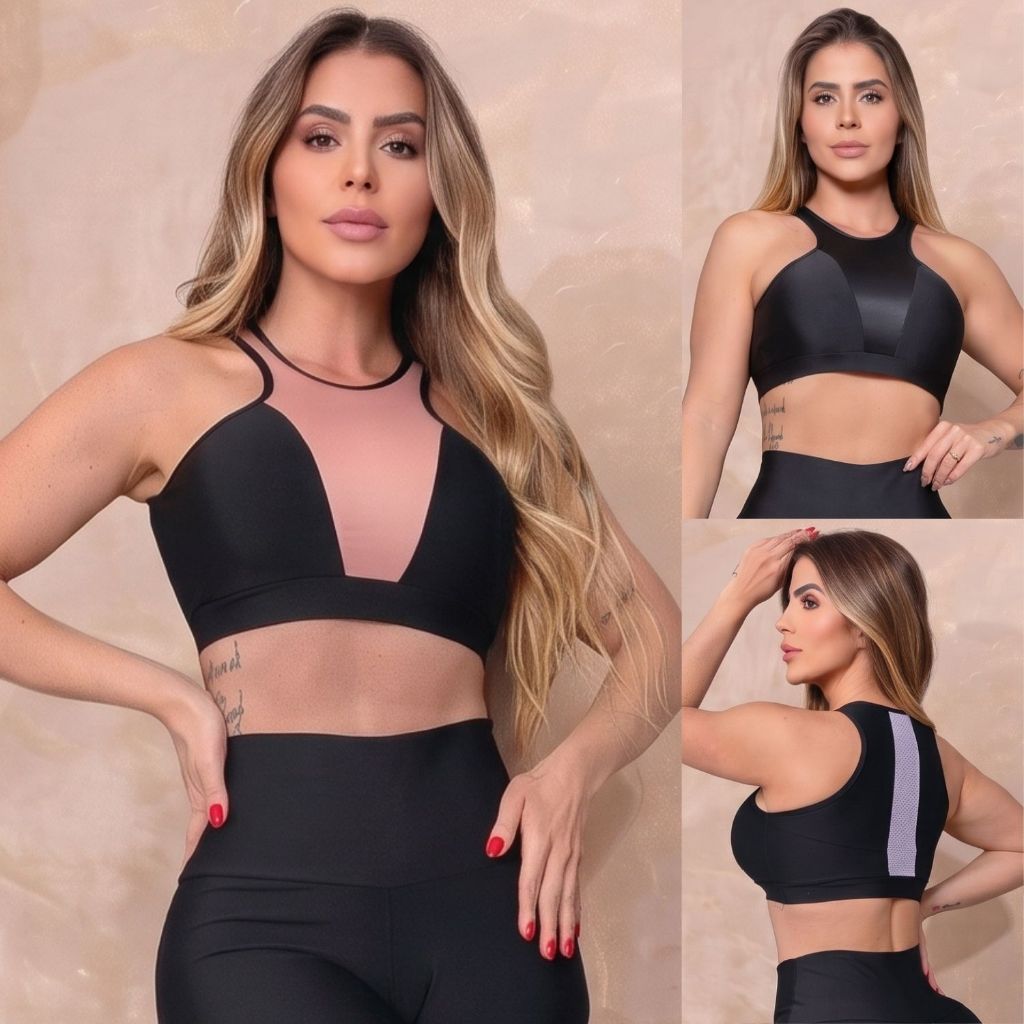 Cropped Top Feminino Fitness com Recortes em Tela e Cirrê sem Bojo Treinos Perfomance Envio Imediato