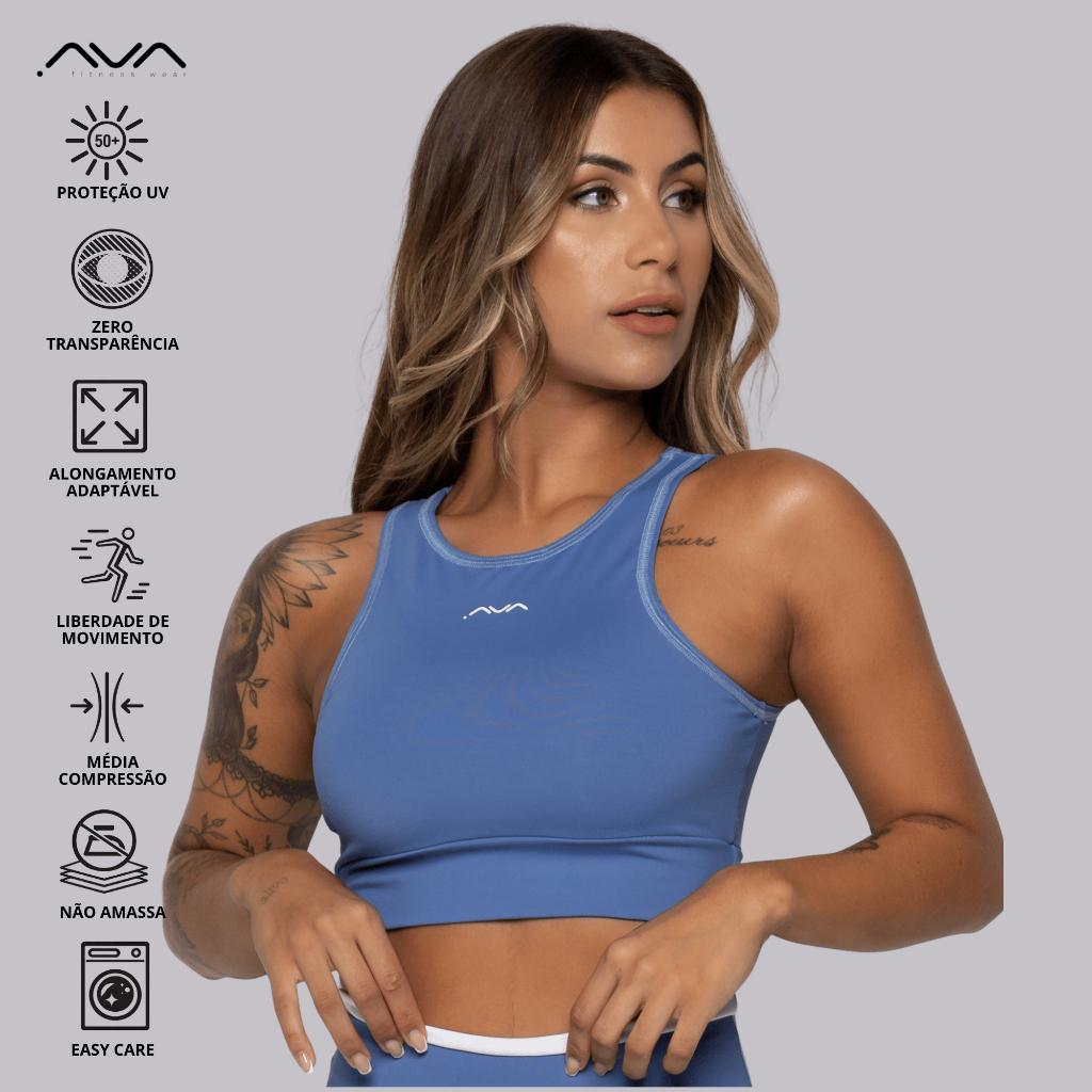 Top Feminino Academia Alta Performance Suplex Poliamida Azul Silk Costas AVA Fitness
