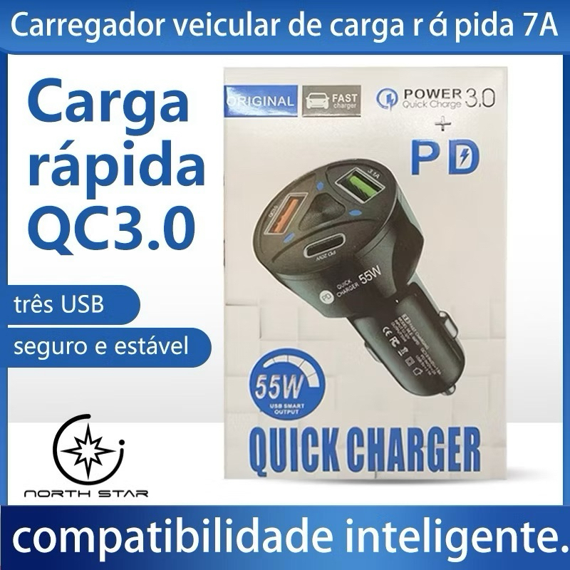 Carregador Veicular Carro Turbo Universal 3 Portas Usb 1 Porta 3.0 Quick Charger