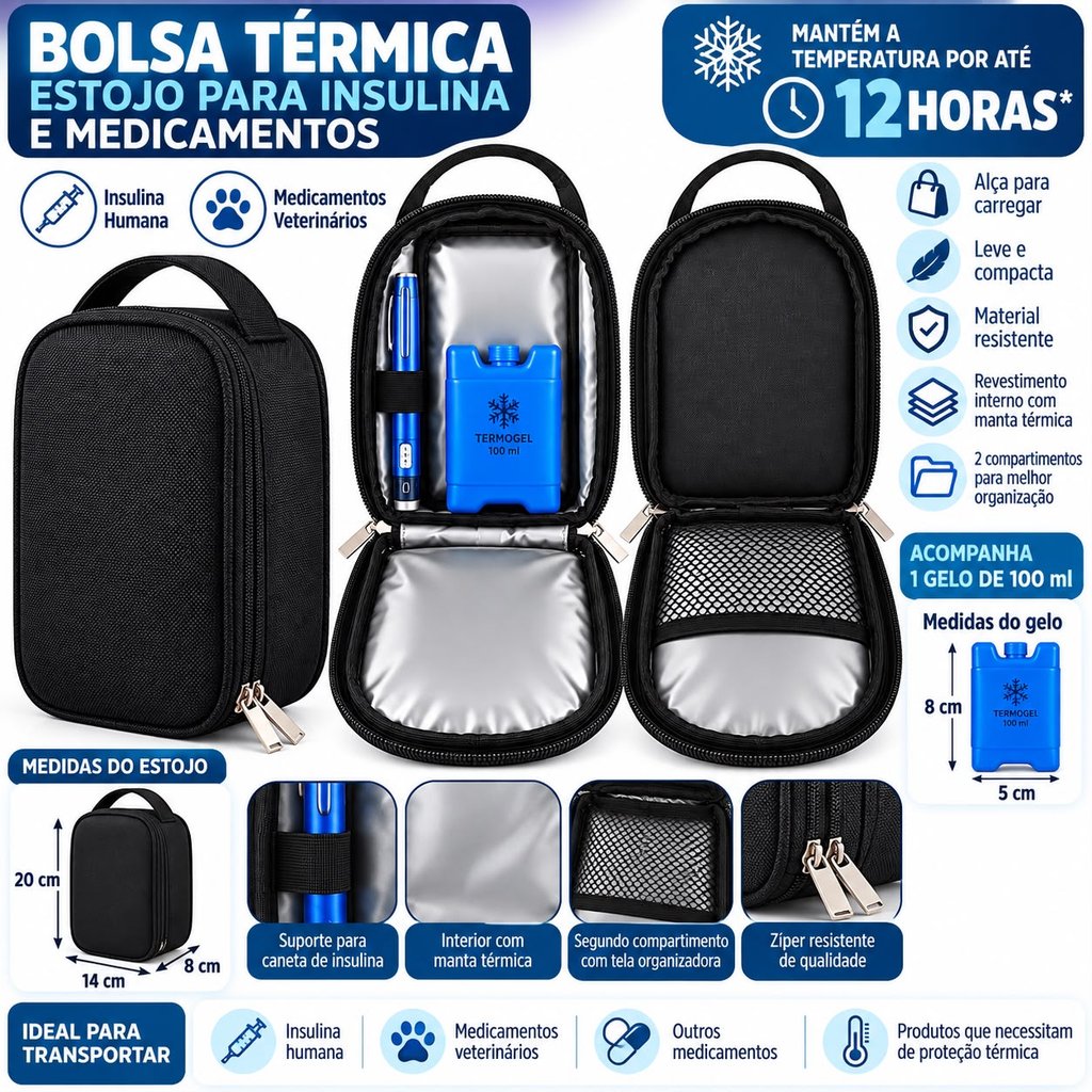 Bolsa Térmica Estojo Case para Insulina e Medicamentos Refrigerado Com Alça Preto