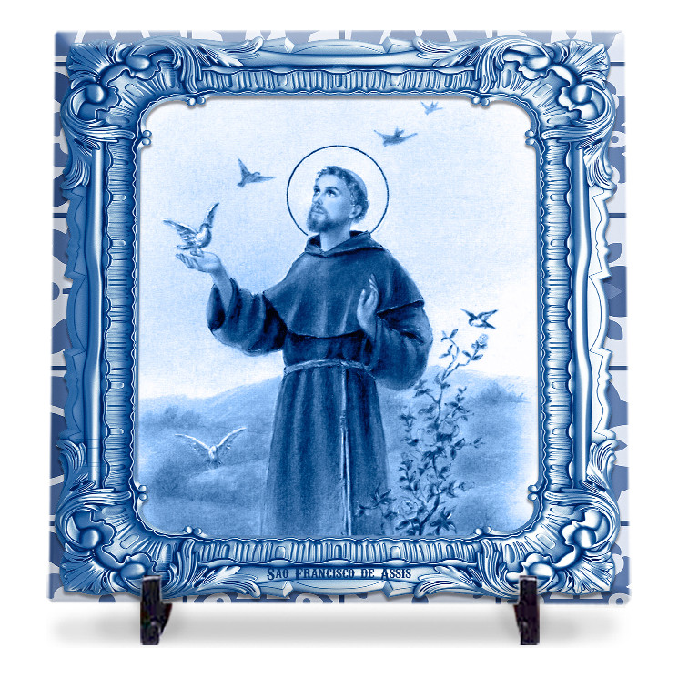 Quadro São Francisco De Assis Azulejo 20x20 Suporte Port.