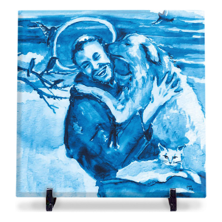 Quadro São Francisco De Assis Azulejo Com Cachorro 20cm Port