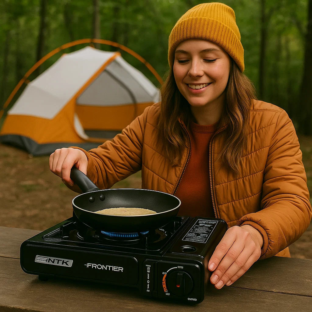 Fogão Fogareiro Acendedor Panela Levar Viagem Gás Camping Preto Grill Chapa Acampamento Pequeno Mesa