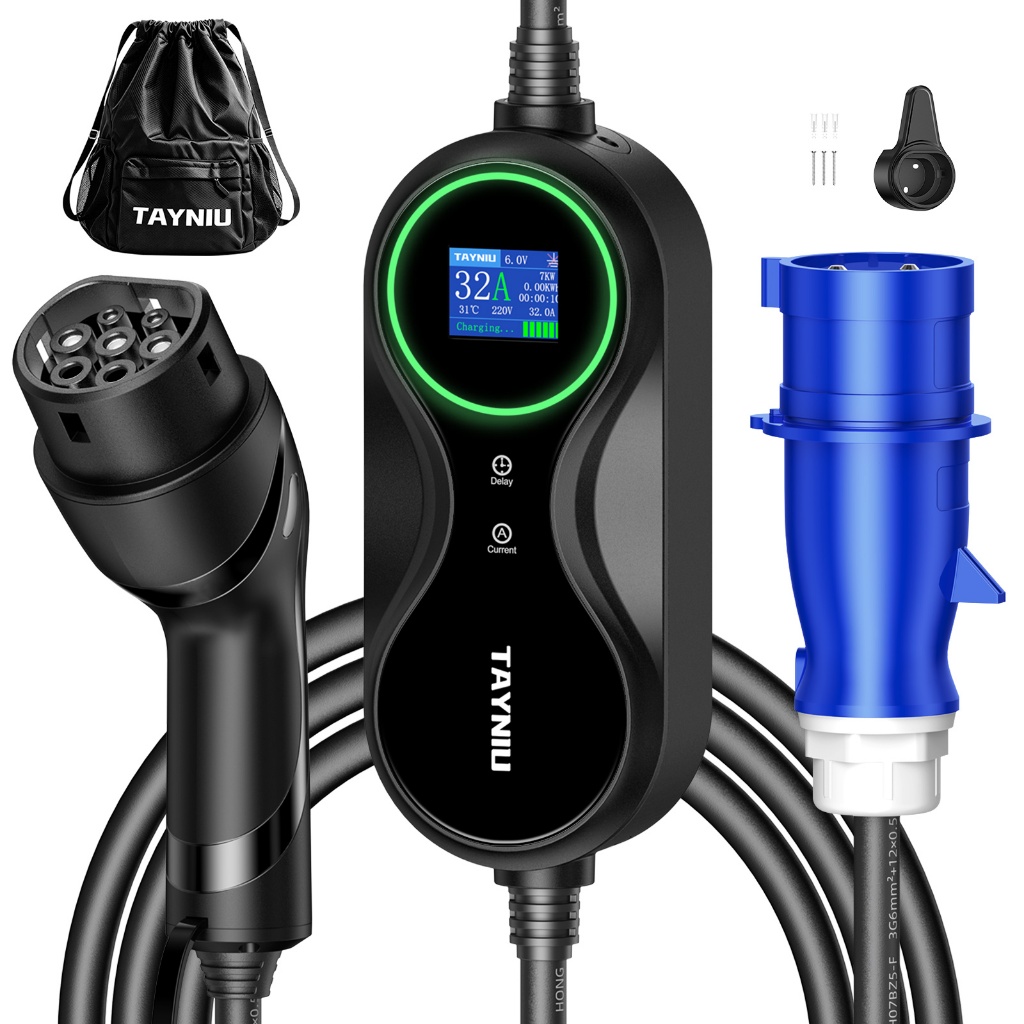 TAYNIU Carregador de Carro Elétrico EV Portátil 7KW 32A 80V-260V com Cabo 5 Metros