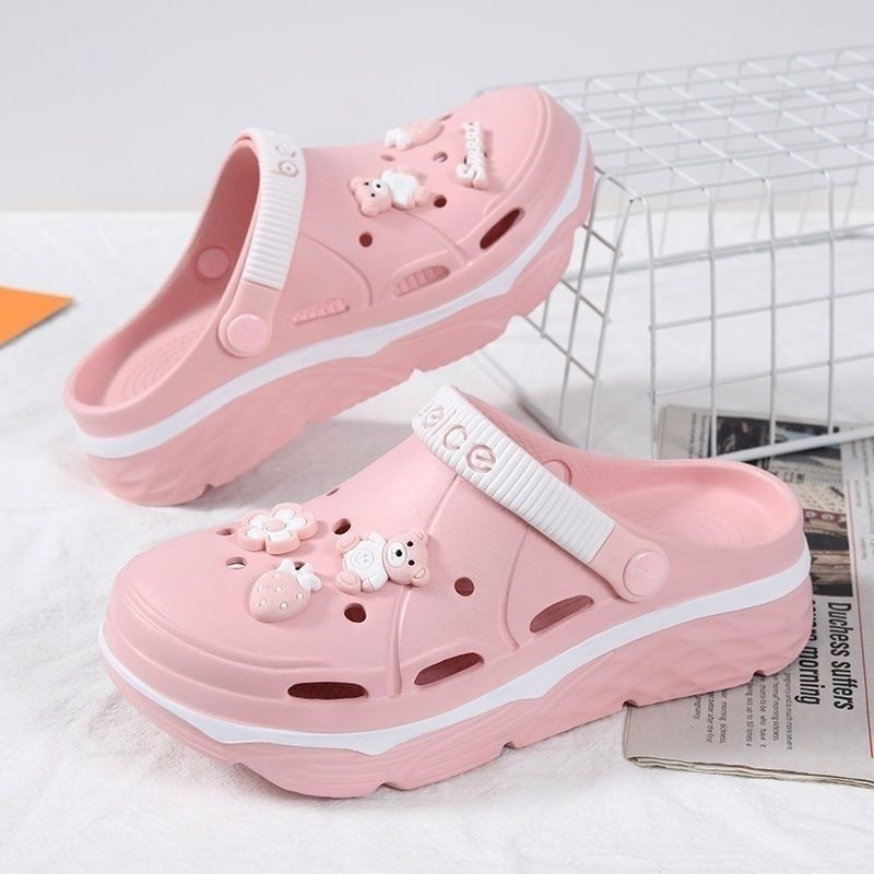 [Envio em 48 horas] Sapatos De Verão De Buraco Feminino Uso Ao Ar Livre ins Trendy Baotou Half Drag Thick Sole Non-slip