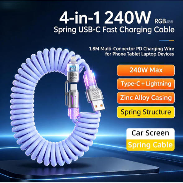 Cabo De Carregamento Rápido 4 Em 1 240 W RGB Spring USB-C 1.8 M Multi-Conector PD Fio Para Dispositivos De Laptop E Tabl