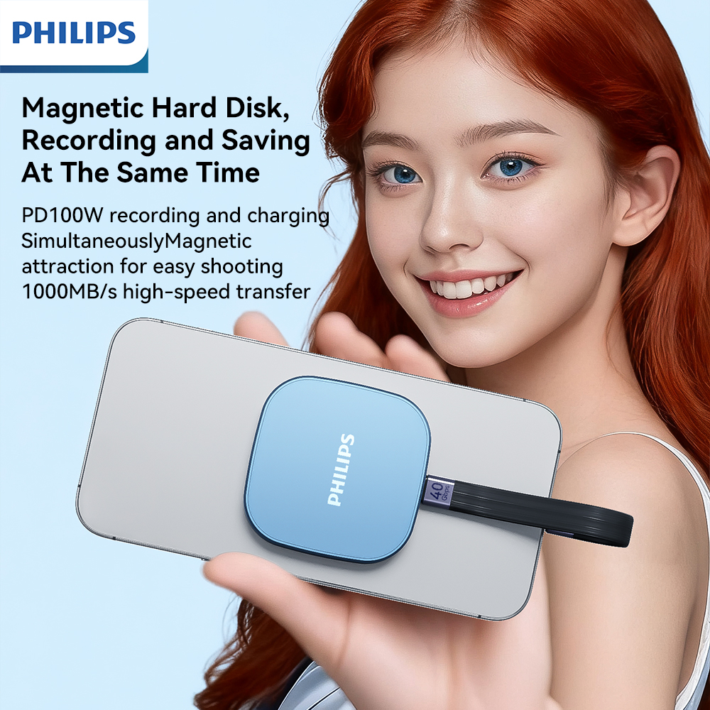 PHILIPS Disco Rígido Externo SSD Magnético Portátil com 512GB/1TB, Carregamento PD100W e Transferência de Dados