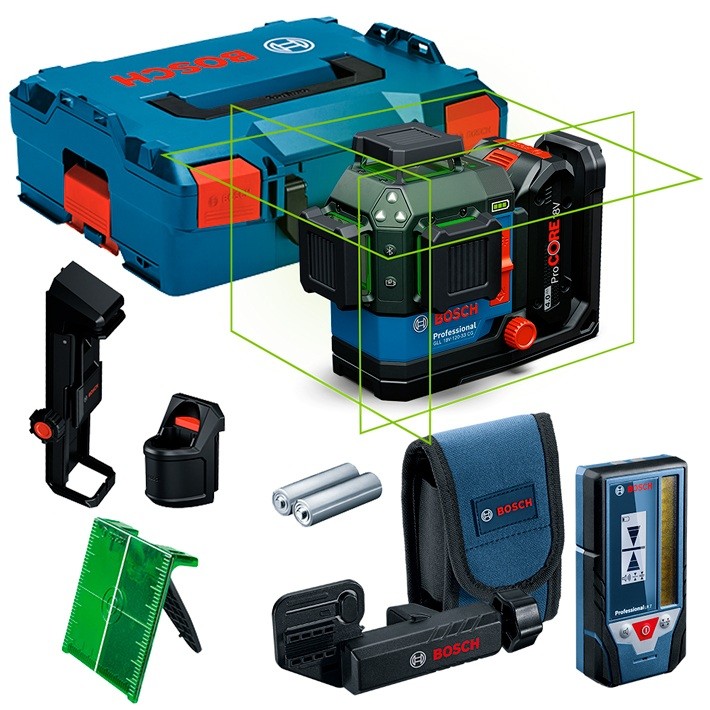 Nível a Laser 3 Linhas Verdes 120M 360º Bateria 12V/18V + Receptor LR 7, Placa Alvo + Maleta Bosch GLL 18V-120-33 CG