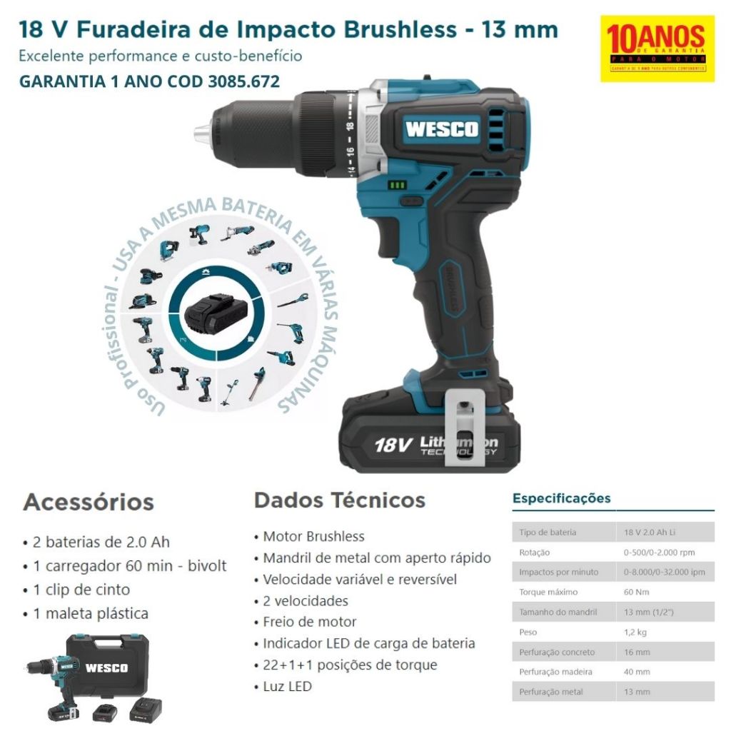 Parafusadeira Wesco PROF. 12V Ou 18V Profissional C/ 1 Ou 2 Baterias C/ Ou Sem Motor Brushless
