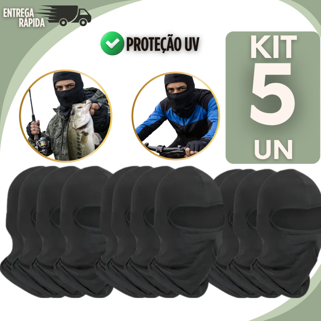 KIT 5 Balaclava Touca Ninja Preta Proteção UV – Moto, Bike, Pesca, Uso Tático, Airsoft e Paintball