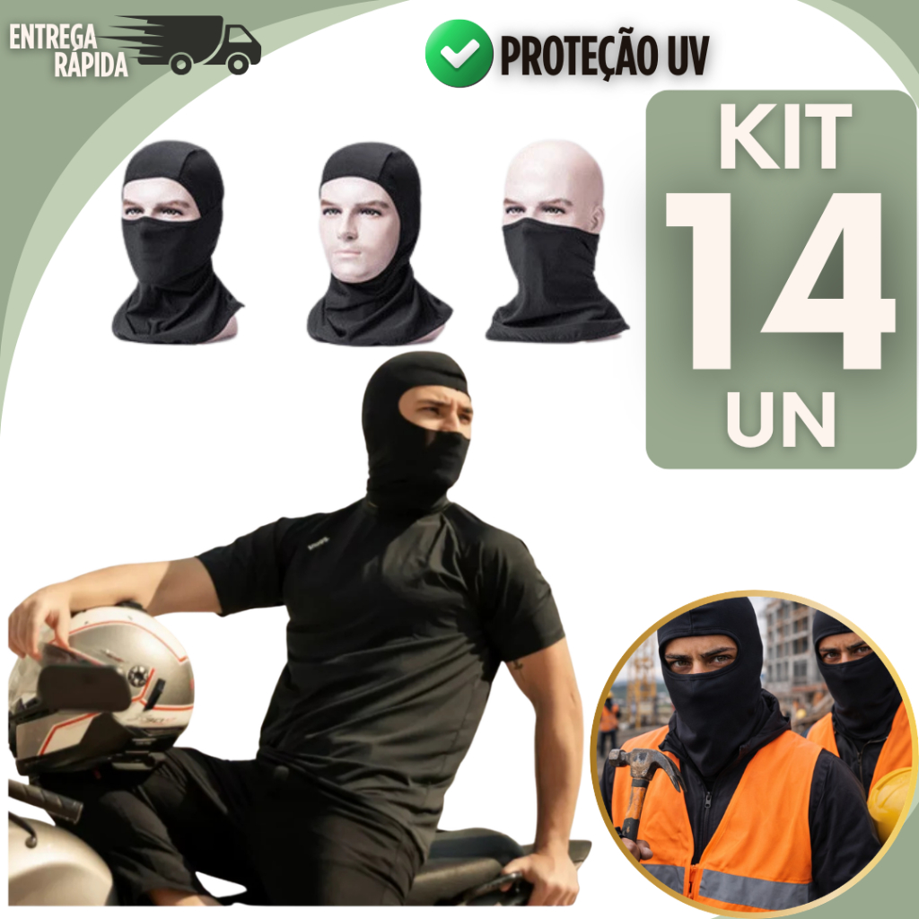 KIT 14 Balaclava Touca Ninja Preta Proteção UV – Moto, Bike, Pesca, Uso Tático, Airsoft e Paintball