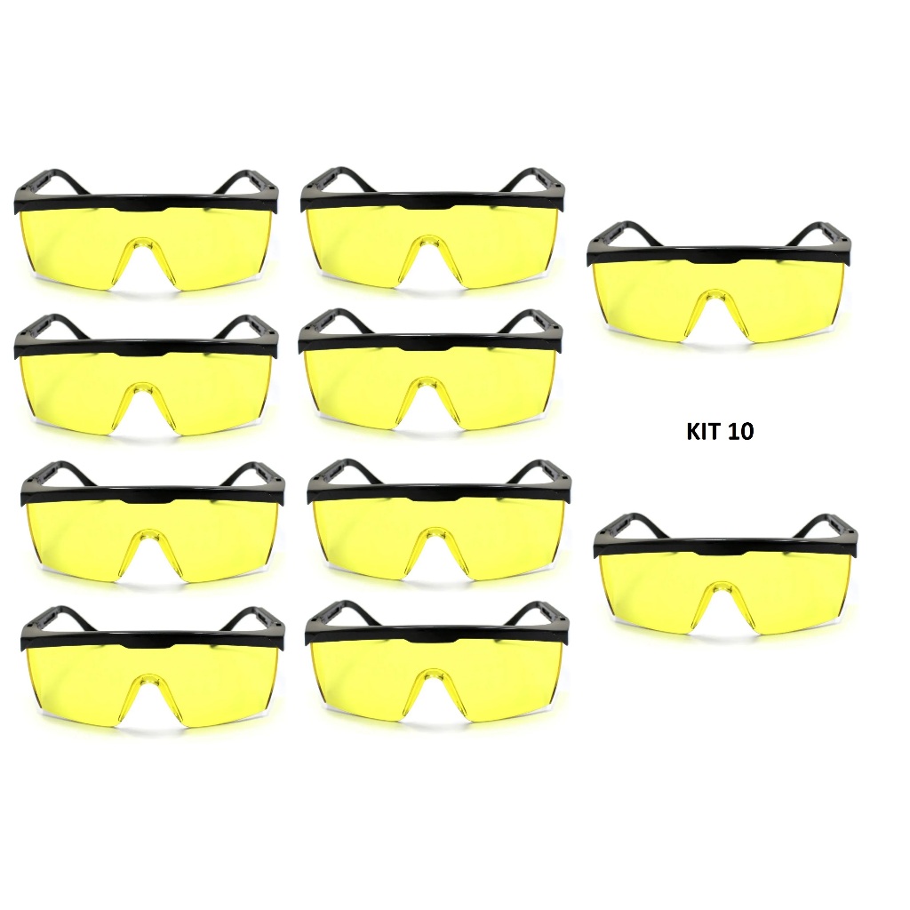 kit 10 Óculos Amarelo De Proteção E Segurança Epi Haste Ajustável, AIRSOFT, PAINTBOL, RADICAL, ESCURO, DIRIGIR, CLAREAR