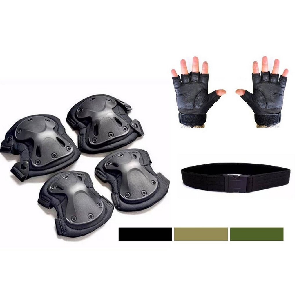 KIT Proteção Tática Completo joelheira luva e cinto Preto Verde Tan Multicam - Militar Segurança Airsoft