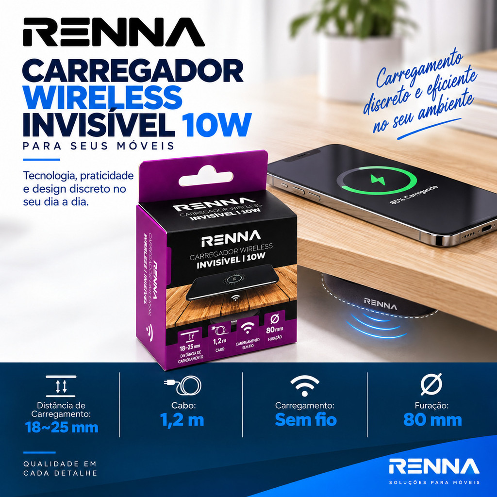 CARREGADOR WIRELESS INVISIVEL 10W RENNA