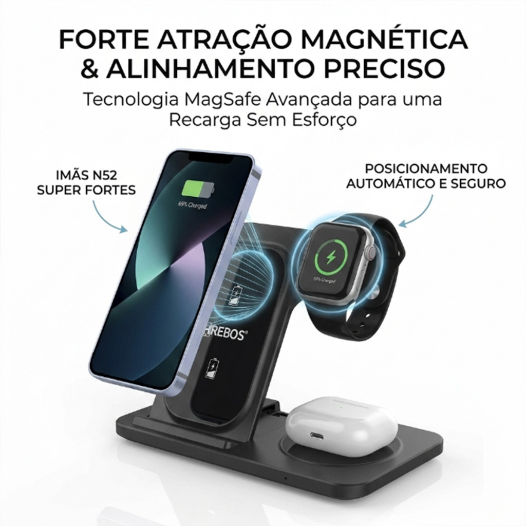 HREBOS × HEYOO Estação Carregamento 3 em 1 Qi2 Wireless 15W Suporte para iPhone Watch AirPods
