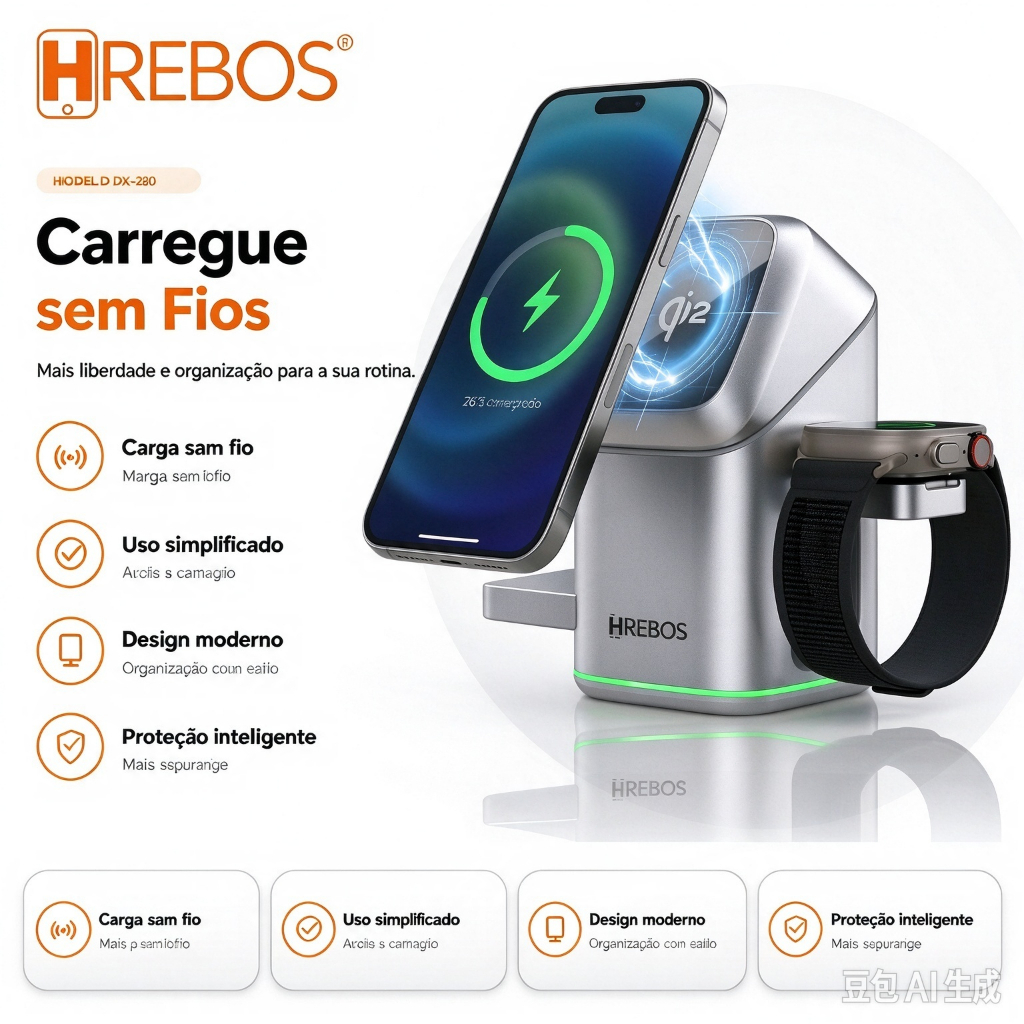 HREBOS Estação de Carregamento 3 em 1 Magnética Qi2, 3 Slots Simultâneos, Carga Rápida 2x e Resfriamento Inteligente Pro