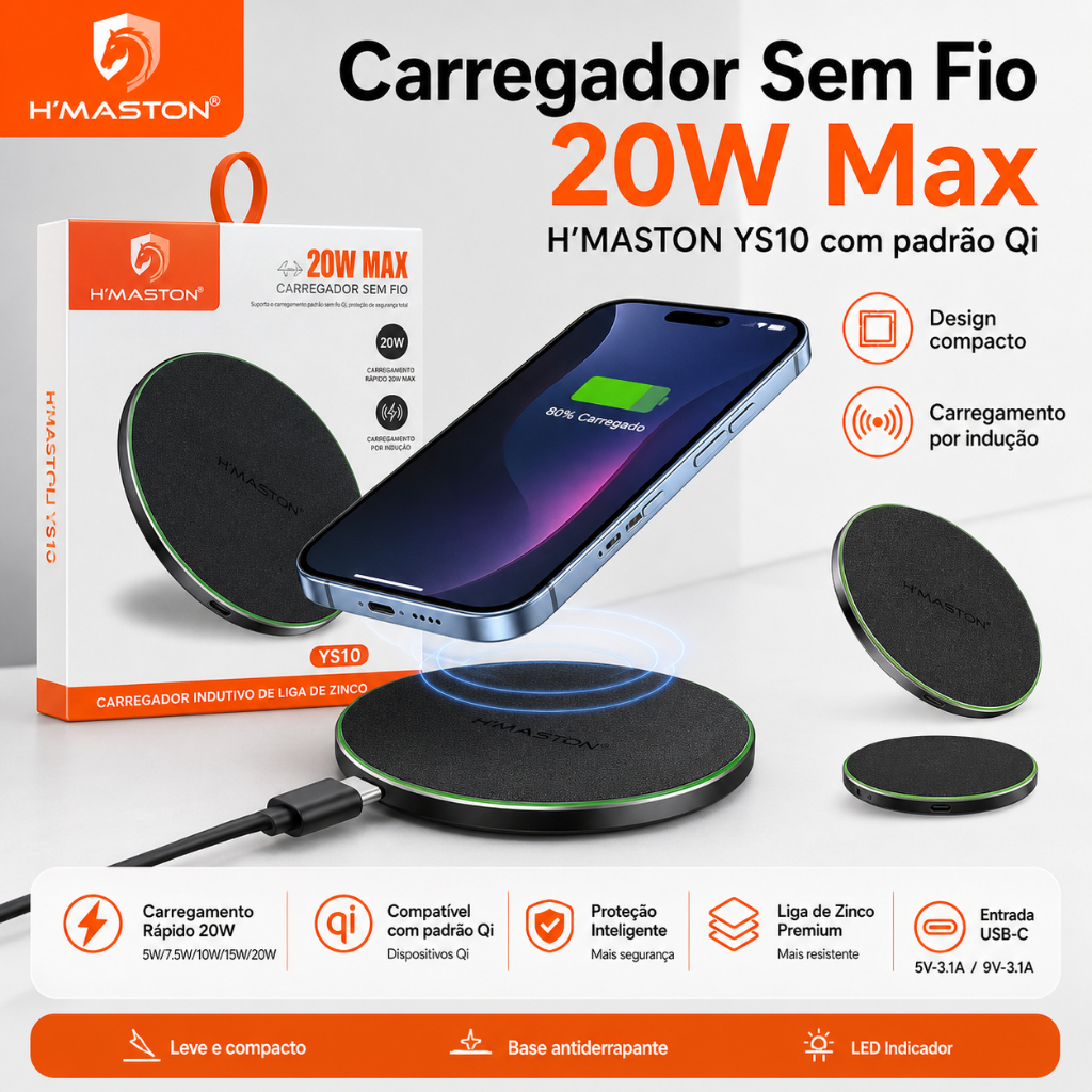 Carregador Sem Fio Wireless 20W Qi Hmaston YS10 Base Indução iPhone Samsung Xiaomi