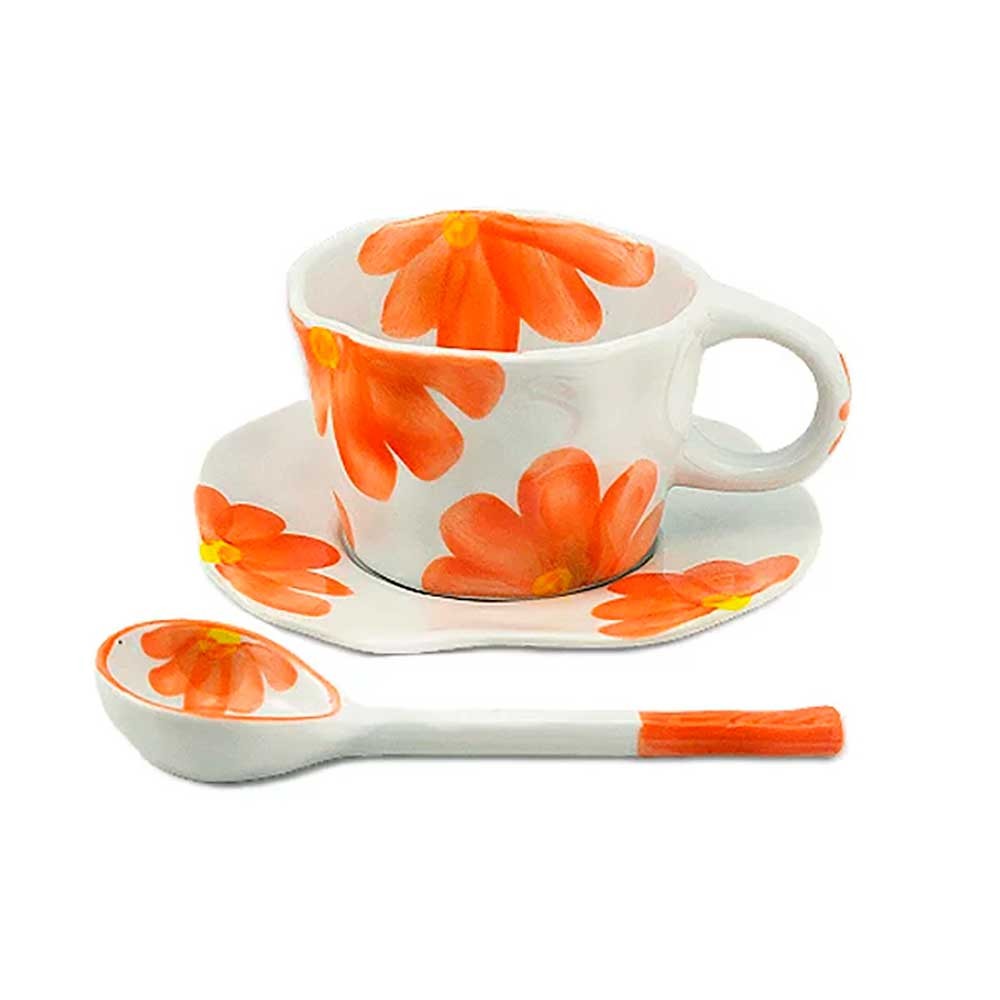 Xícara com Pires em Cerâmica Hand Painted Flowers Laranja 300ml